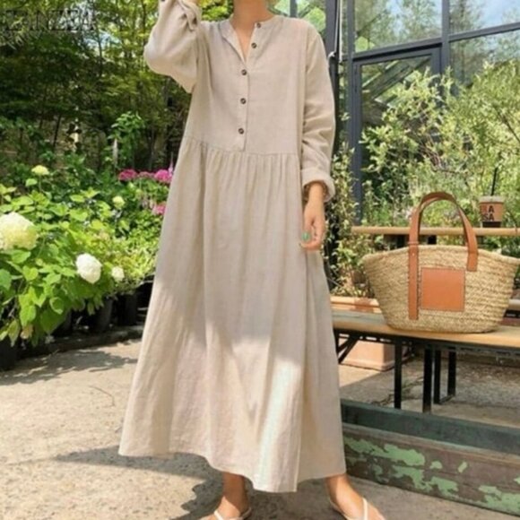 Vintage Tan Eileen Fisher 100% Linen Long Sleeve Button Front Maxi Dress Size 2 - Picture 1 of 9